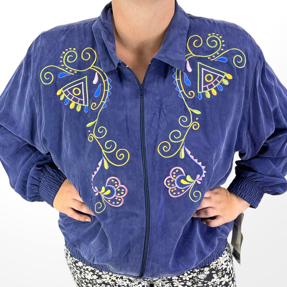 90s SAINT GERMAIN PARIS Vintage Blue Embroidered Zip Up Jacket